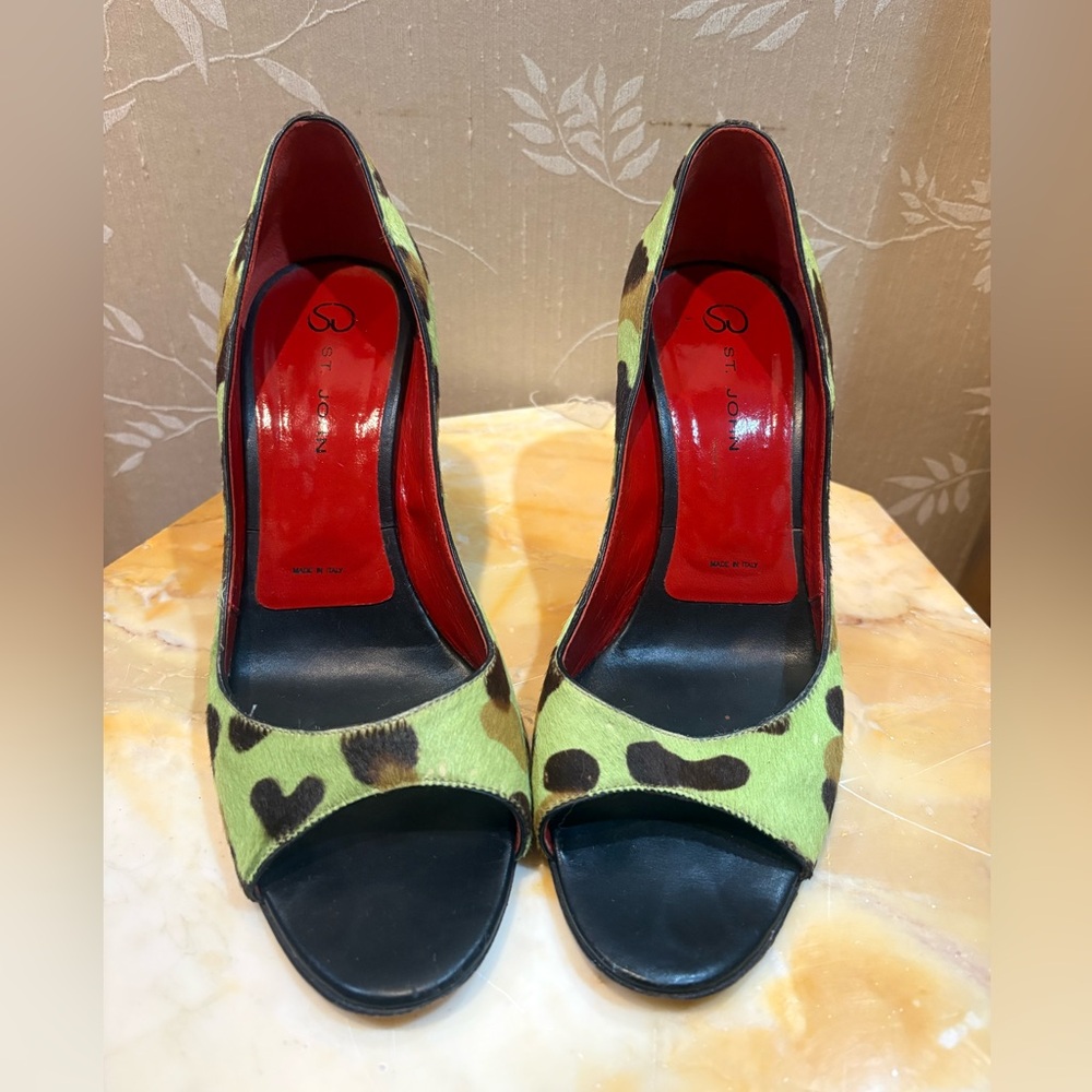 St. John Green Animal  Print Open Toe Pumps